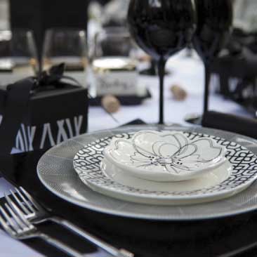 Black and White detail of place setting for an outdoor wine tasting event, Boston Event Planner, Boston Event Planning, Boston Event Stylist, Boston Event Styling