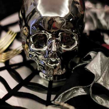 Black and White detail of silver skull from a scary Halloween party, Boston Event Planner, Boston Event Planning, Boston Event Stylist, Boston Event Styling