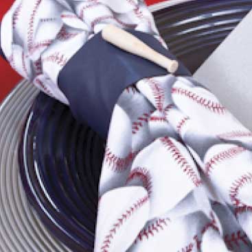Blue detail of place setting sporting a baseball-printed napkin for fundraiser at Fenway Park, Boston Event Planner, Boston Event Planning, Boston Event Stylist, Boston Event Styling