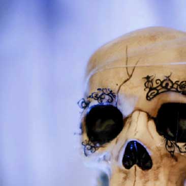 Blue detail of a skull at a scary Halloween dinner party, Boston Event Planner, Boston Event Planning, Boston Event Stylist, Boston Event Styling