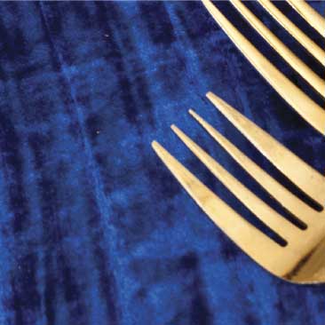 Blue detail of deep velvet tablecloth and gold flatware at a high tea fundraiser at Boston University, Boston Event Planner, Boston Event Planning, Boston Event Stylist, Boston Event Styling