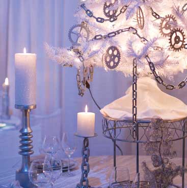 Purple detail of pillar candles and silver and white tree from a corporate holiday party; Boston Event Planner, Boston Event Planning, Boston Event Stylist, Boston Event Styling