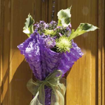 Purple detail of a front door floral arraignment from a wine tasting bridal shower; Boston Event Planner, Boston Event Planning, Boston Event Stylist, Boston Event Styling