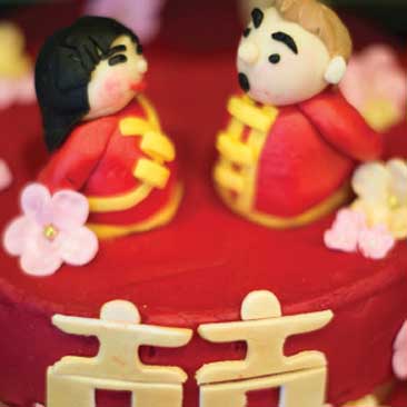 Red detail of a cake top from a Vietnamese engagement party; Boston Event Planner, Boston Event Planning, Boston Event Stylist, Boston Event Styling