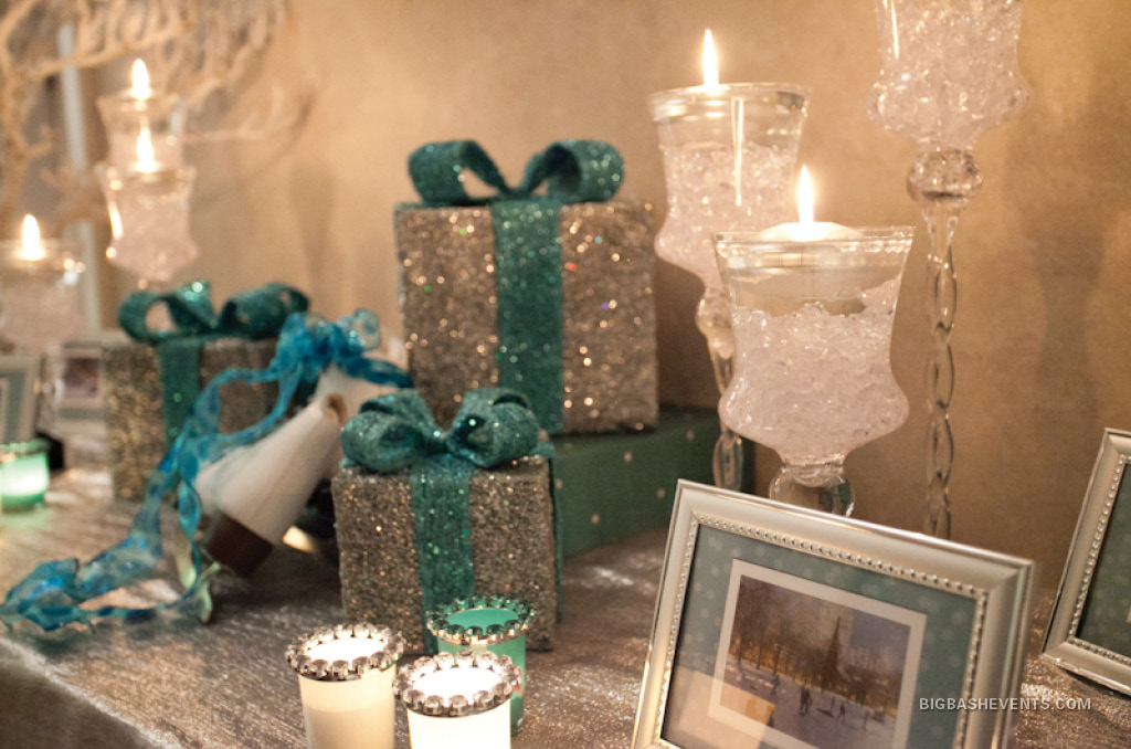 Fire and Ice Corporate Holiday Party, glittered presents and crystal candles, Boston Event Planner, Boston Event Planning, Boston Event Stylist, Boston Event Styling